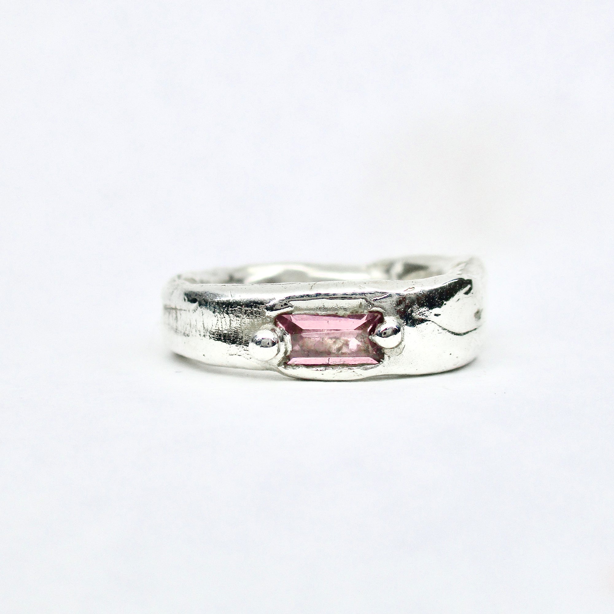 Organic Cigar Band Ring with Pink Baguette