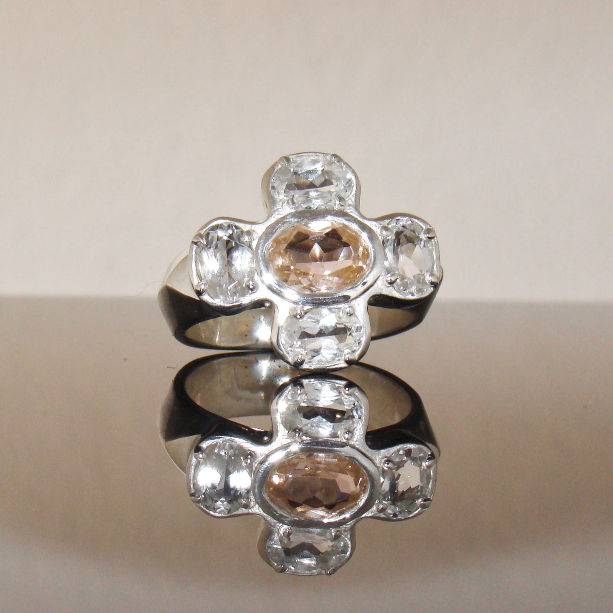 Cruciform Ring in Pink and White Topaz