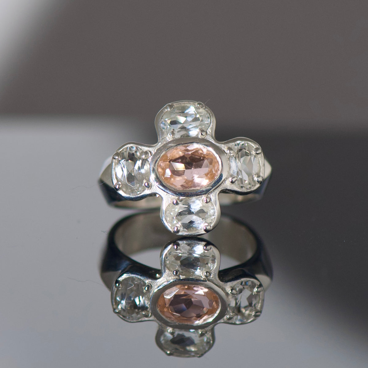 Cruciform Ring in Pink and White Topaz
