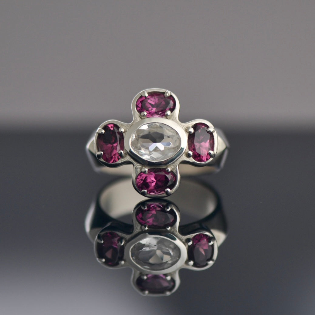 Cruciform Ring in Pink Garnet and White Sapphire