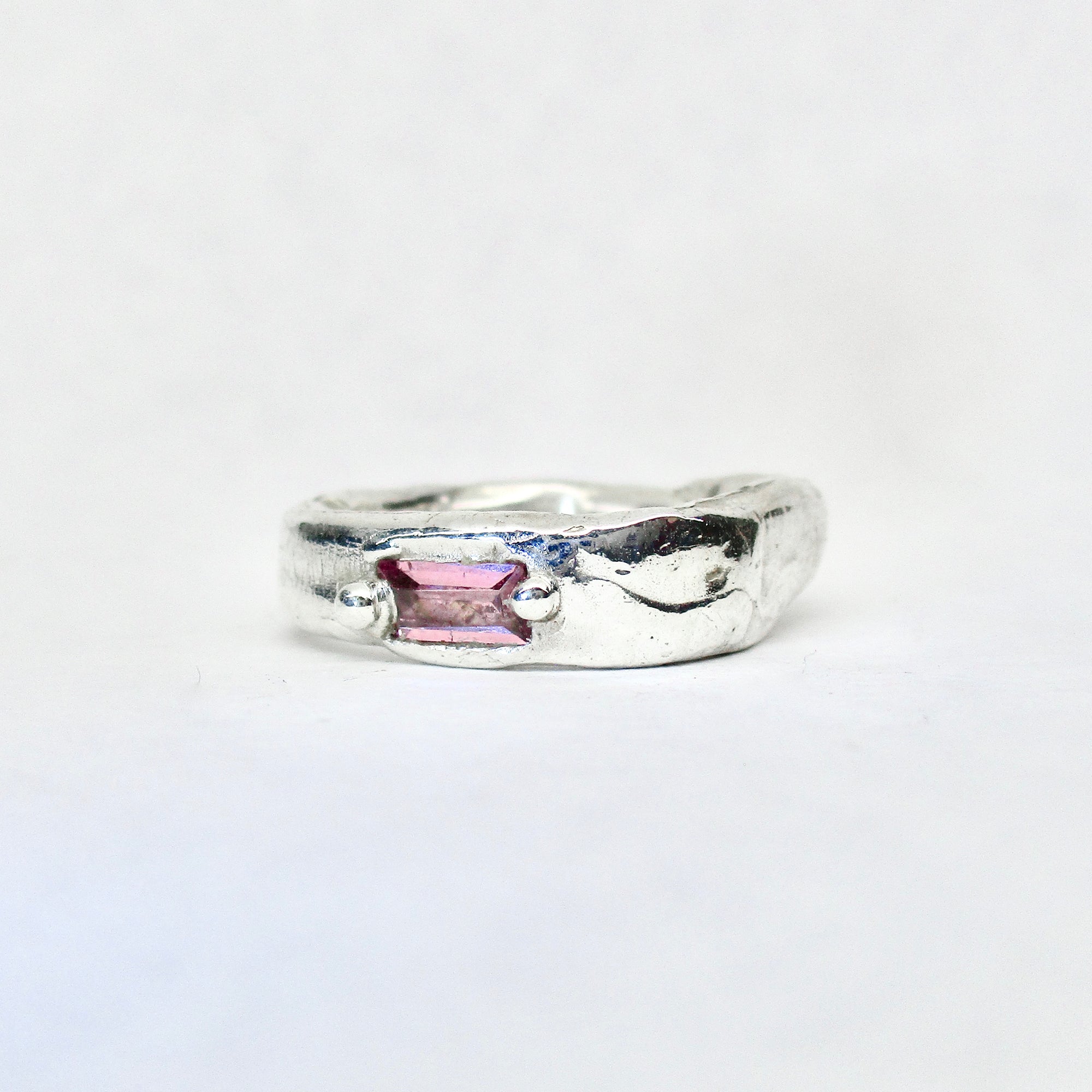 Organic Cigar Band Ring with Pink Baguette