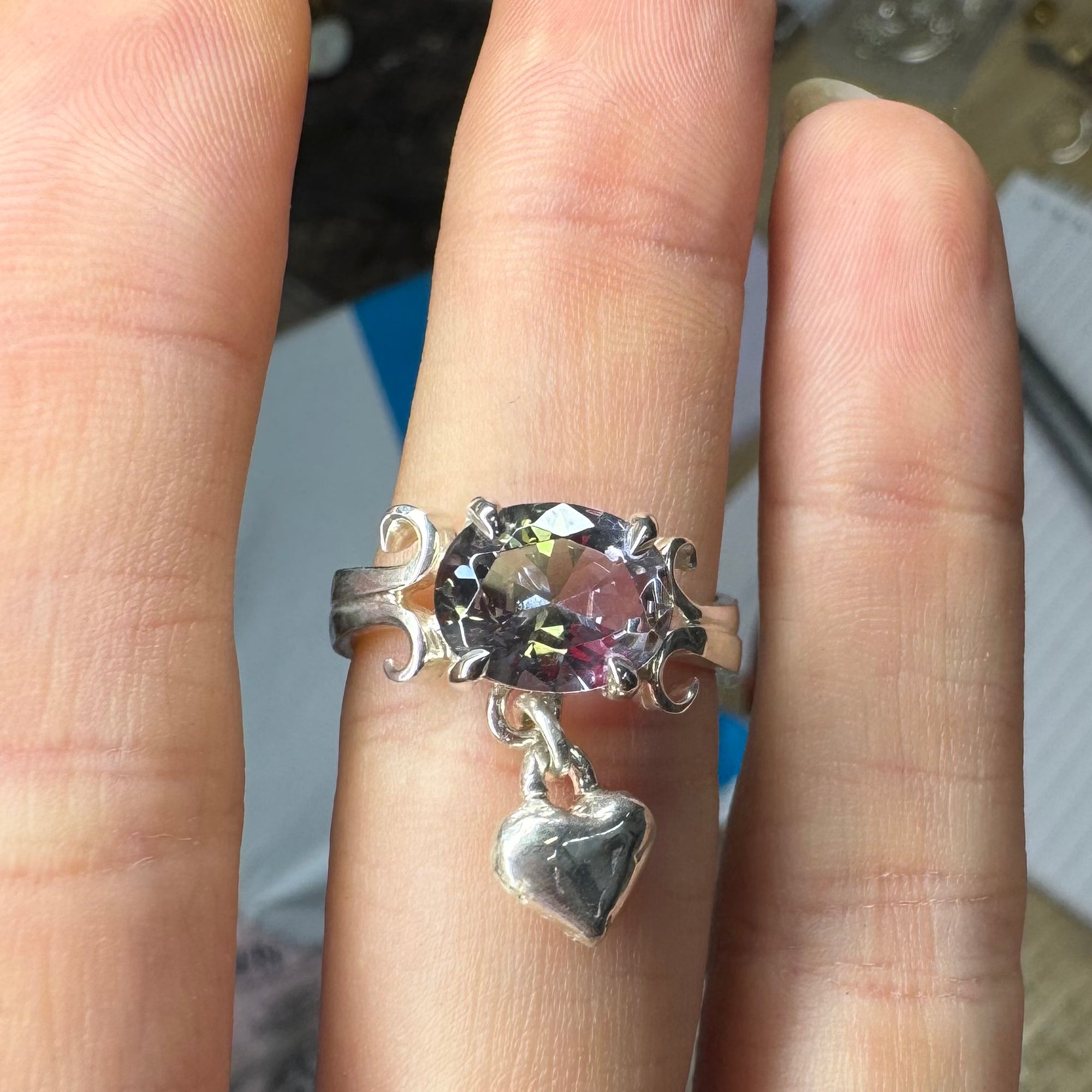 Purple/Green Colour Change Ring with Heart Charm