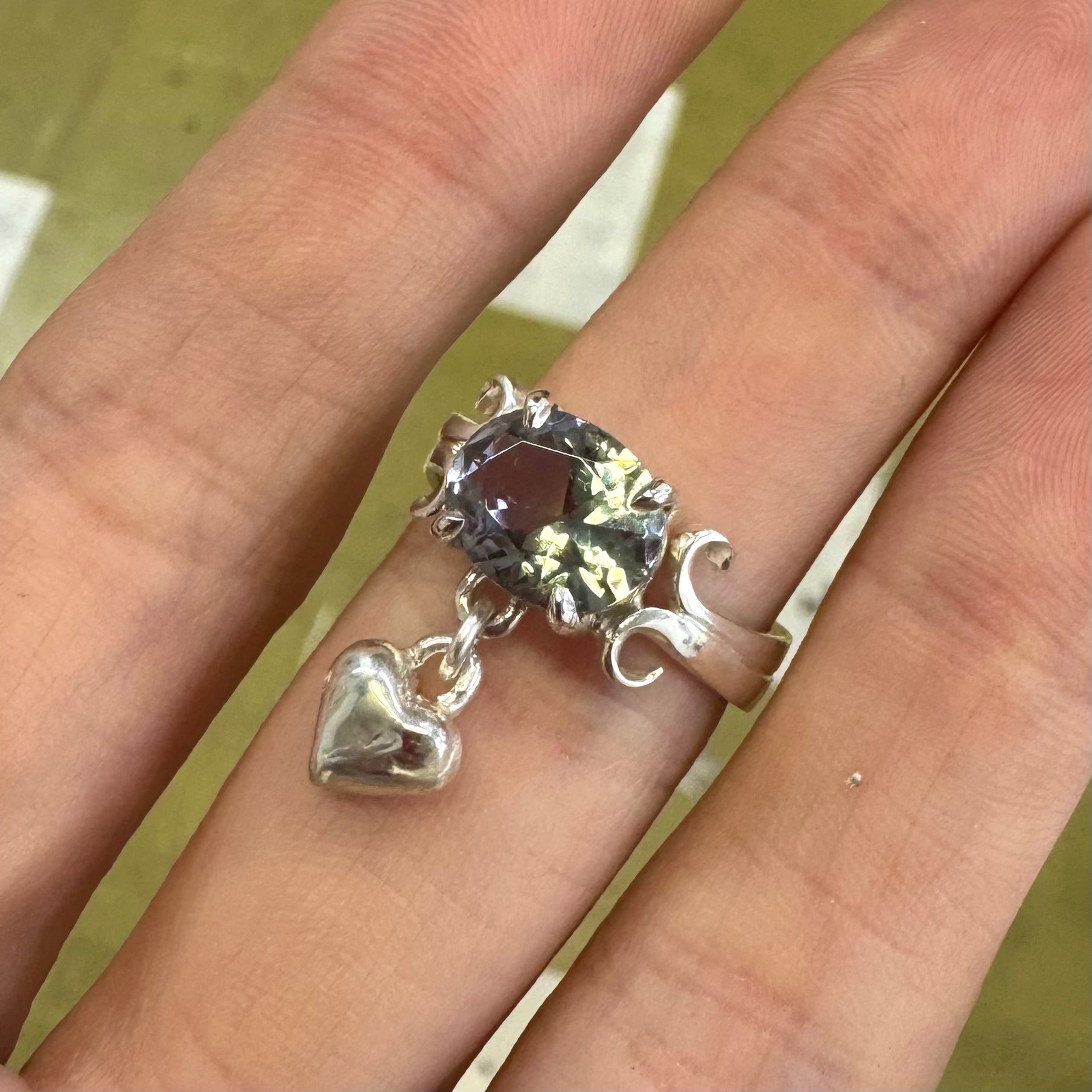 Purple/Green Colour Change Ring with Heart Charm