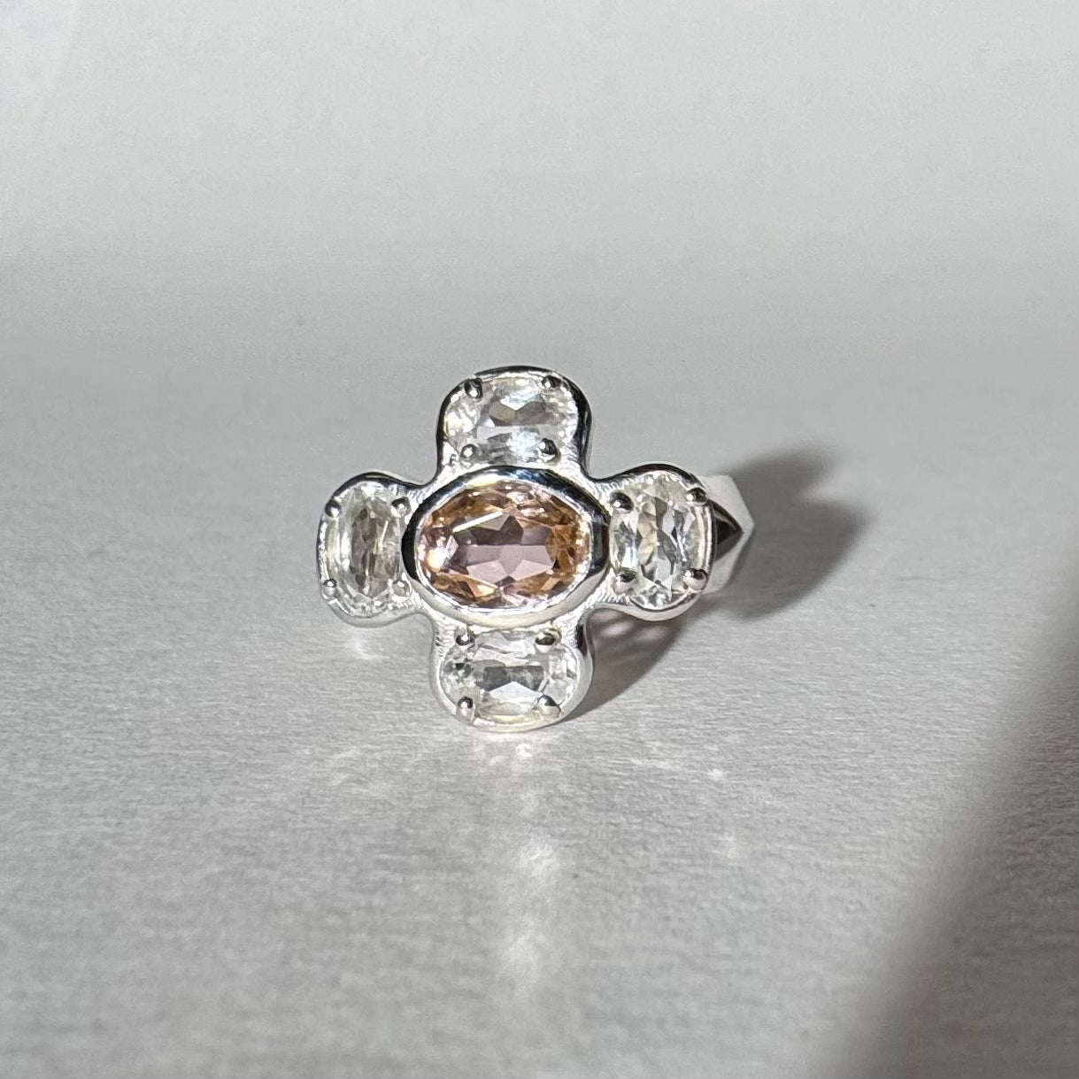 Cruciform Ring in Pink and White Topaz