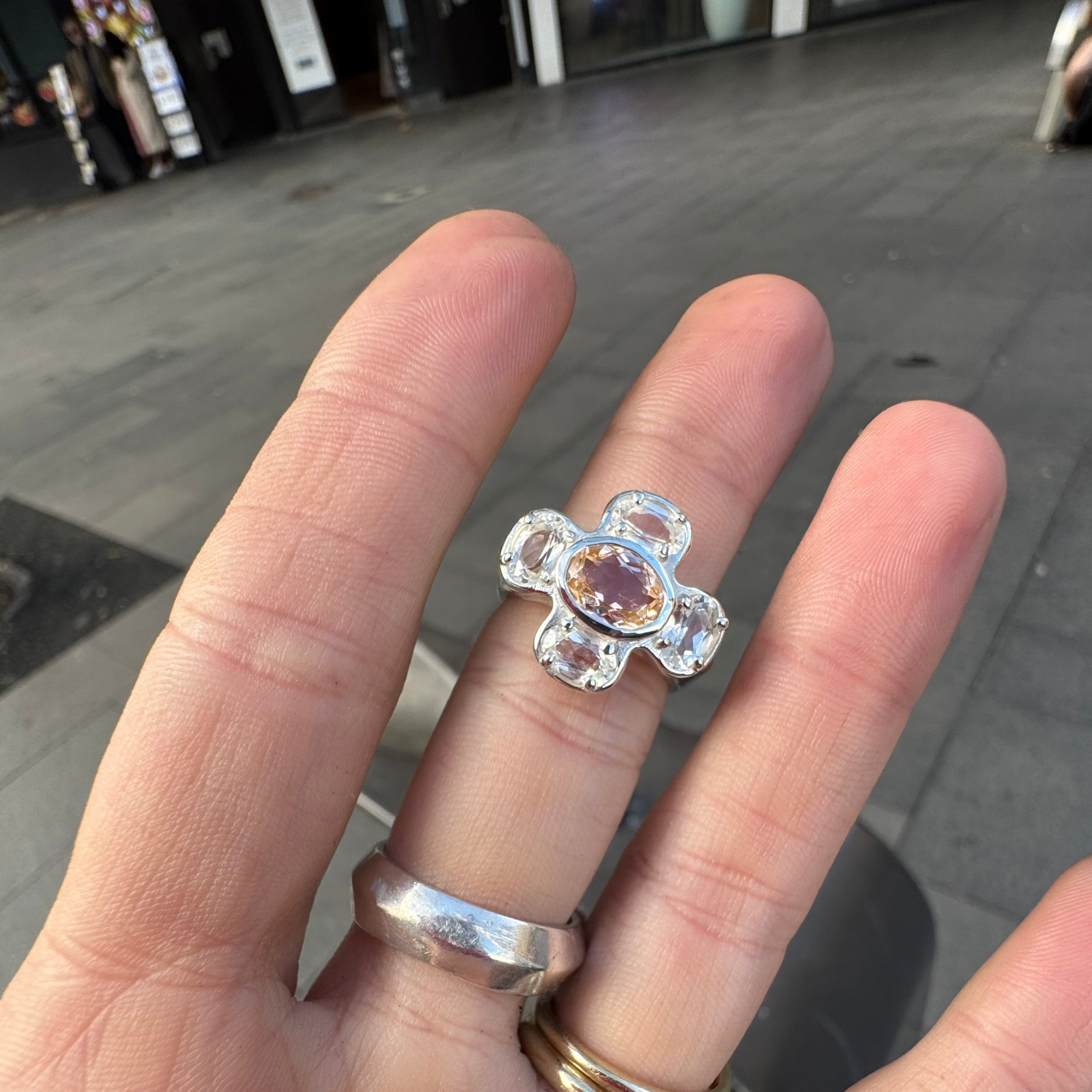 Cruciform Ring in Pink and White Topaz