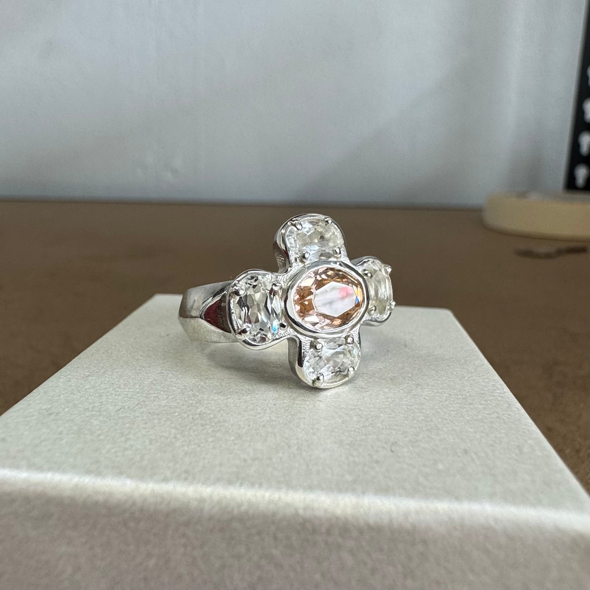 Cruciform Ring in Pink and White Topaz