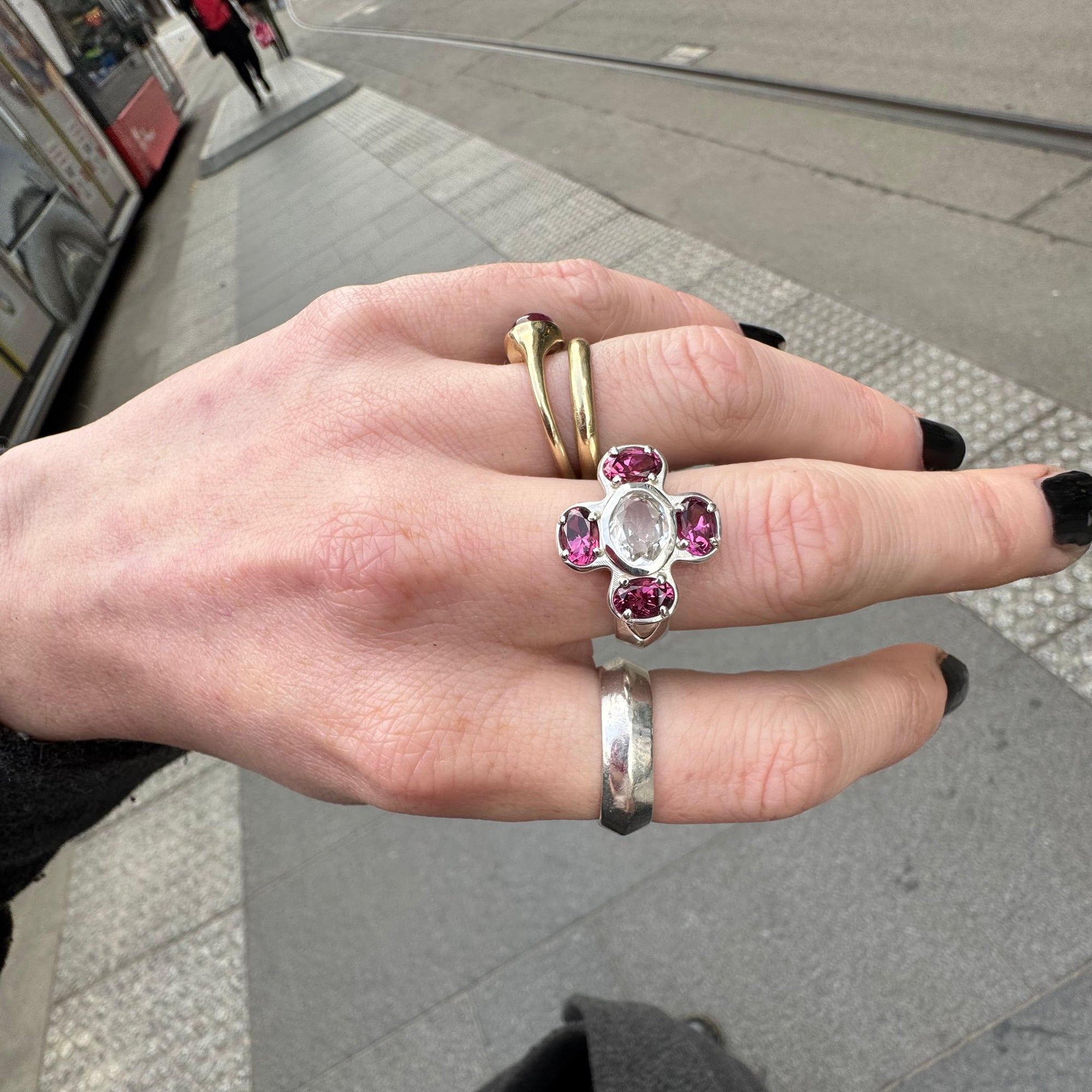 Cruciform Ring in Pink Garnet and White Sapphire