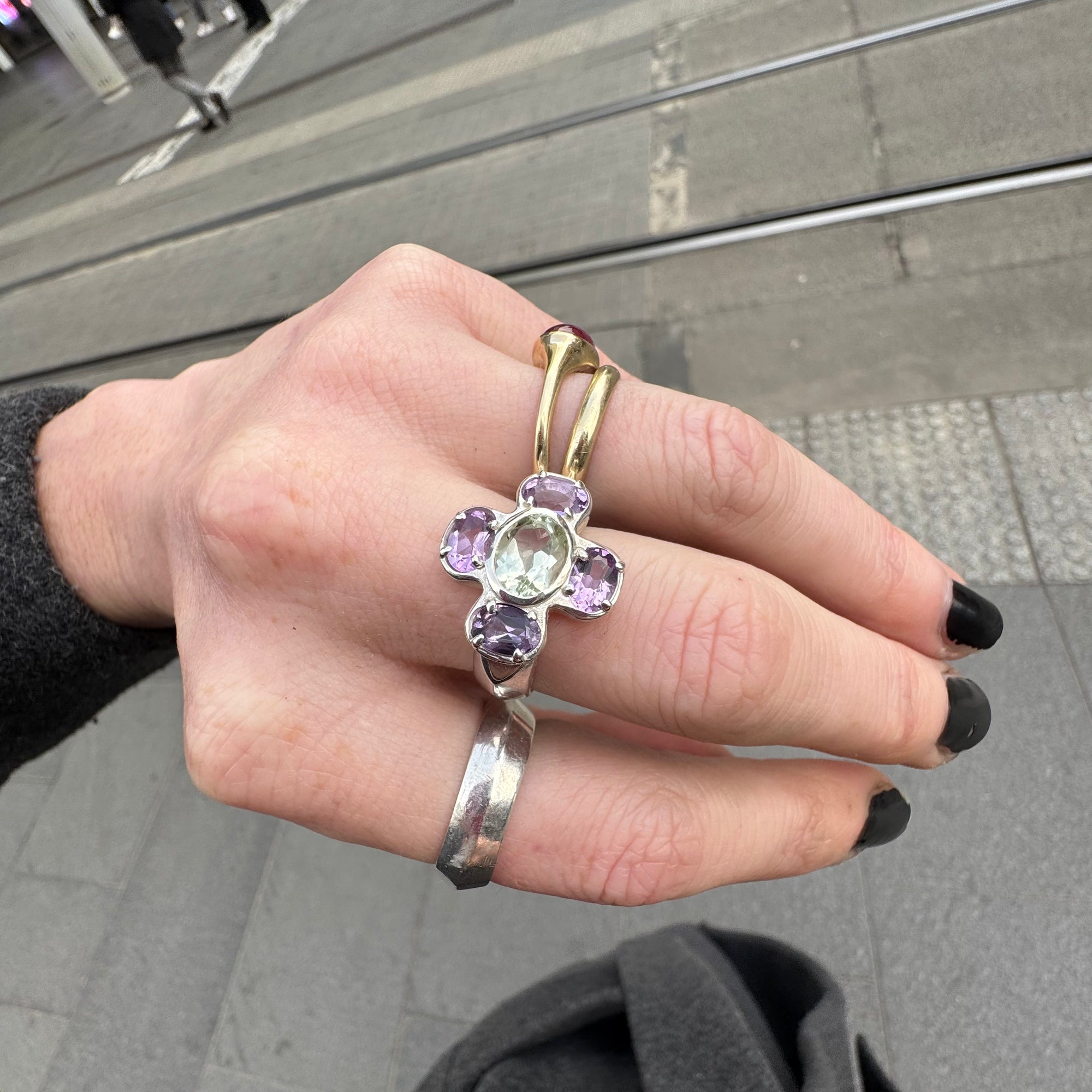 Cruciform Ring in Green and Lilac Amethyst