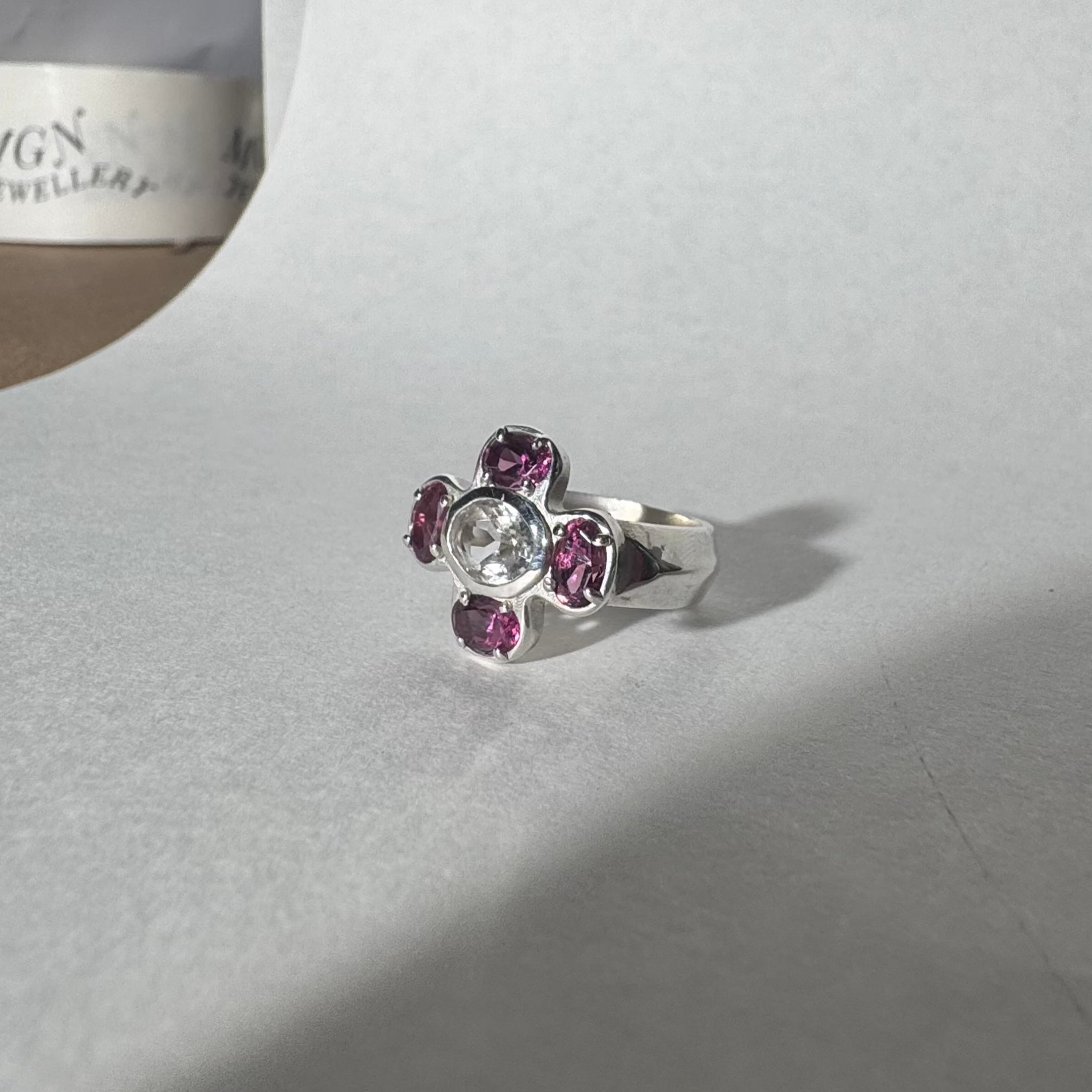 Cruciform Ring in Pink Garnet and White Sapphire
