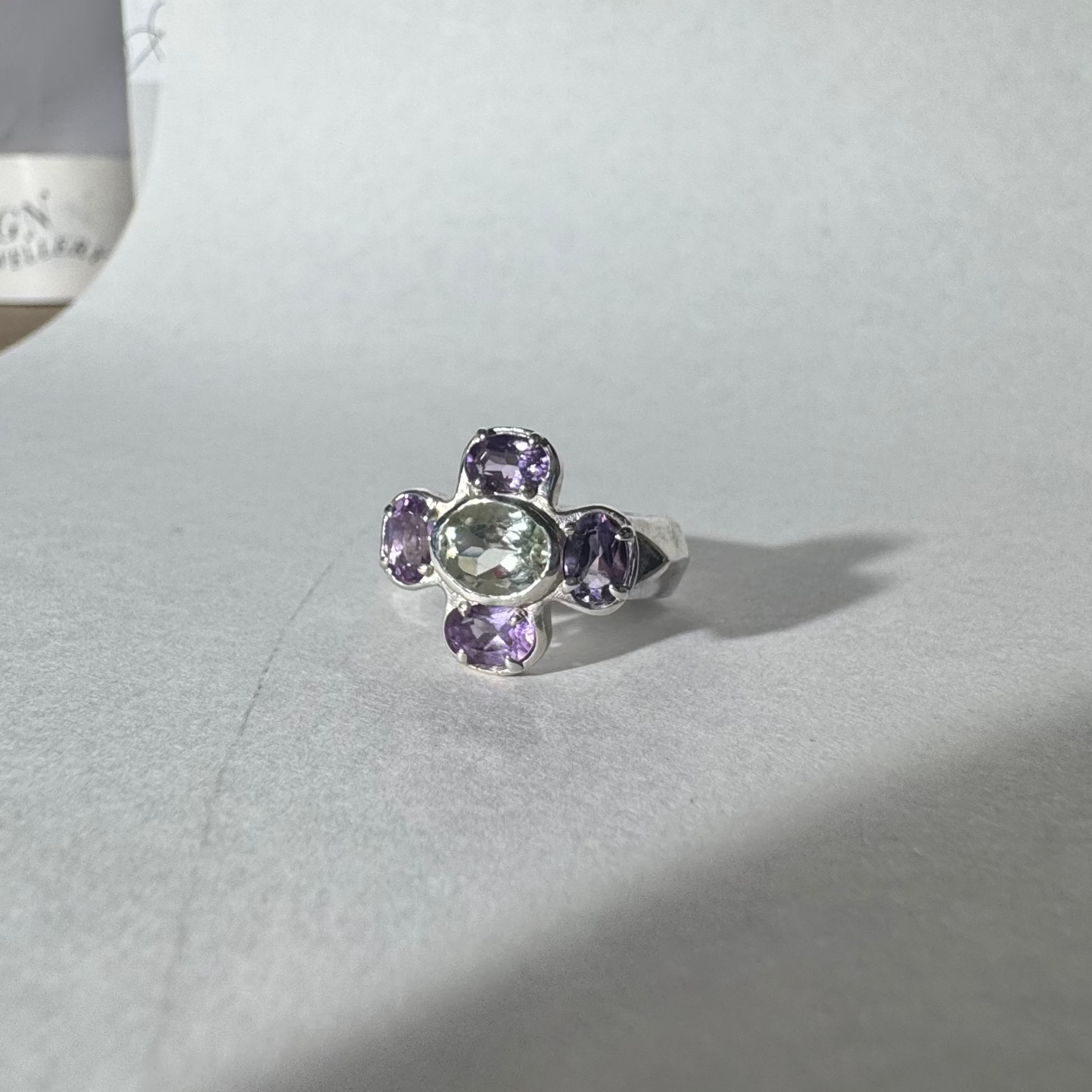 Cruciform Ring in Green and Lilac Amethyst
