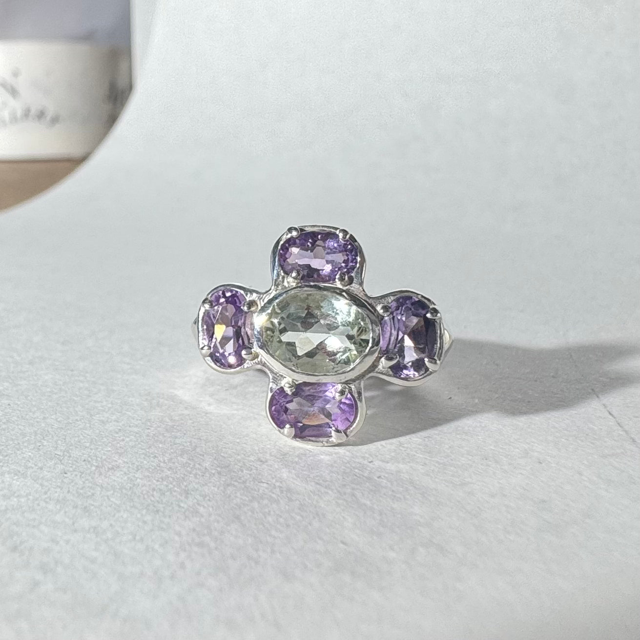 Cruciform Ring in Green and Lilac Amethyst