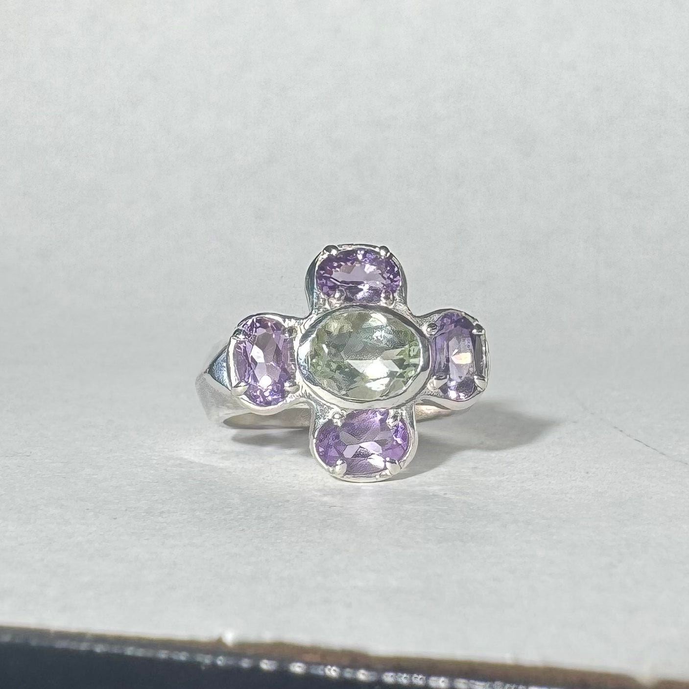 Cruciform Ring in Green and Lilac Amethyst