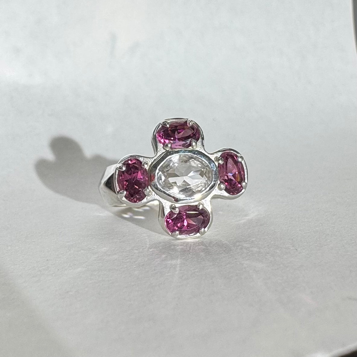Cruciform Ring in Pink Garnet and White Sapphire