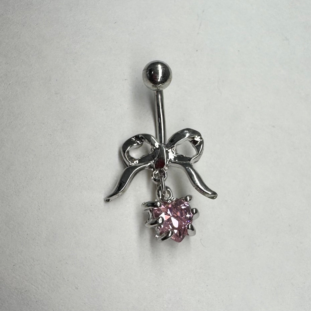 Bow Heart Belly Ring Pink
