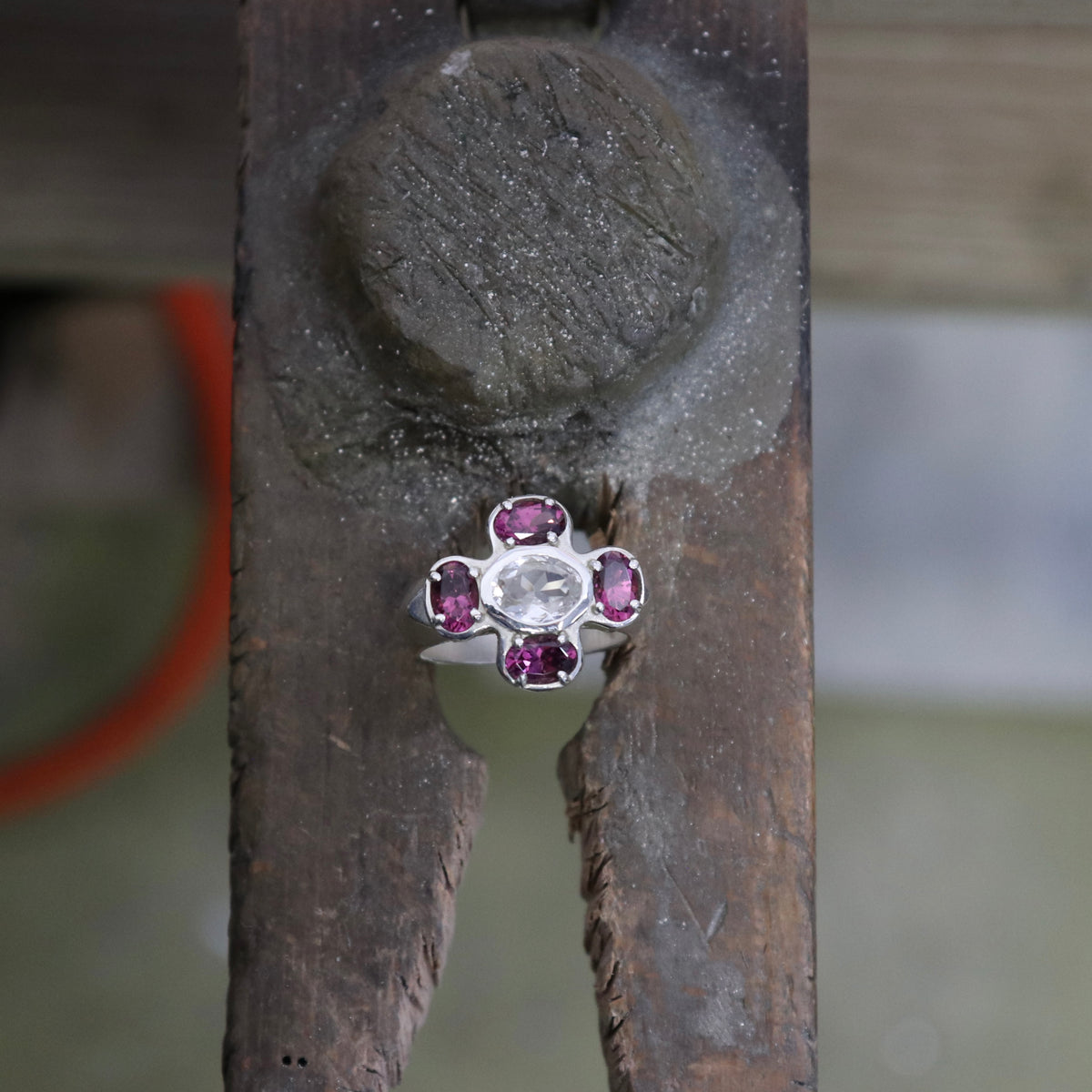 Cruciform Ring in Pink Garnet and White Sapphire