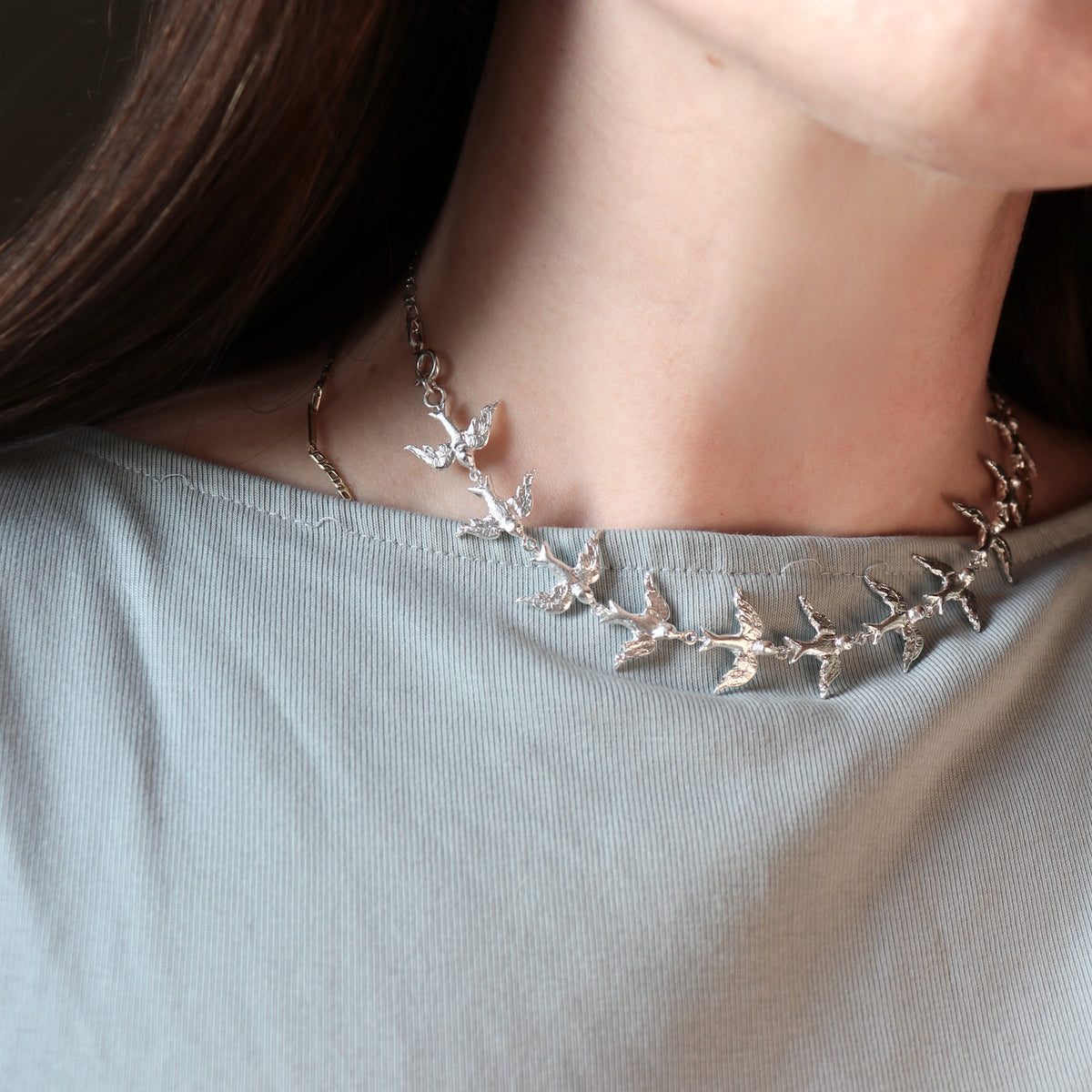 Eleven Swallows Silver Necklace