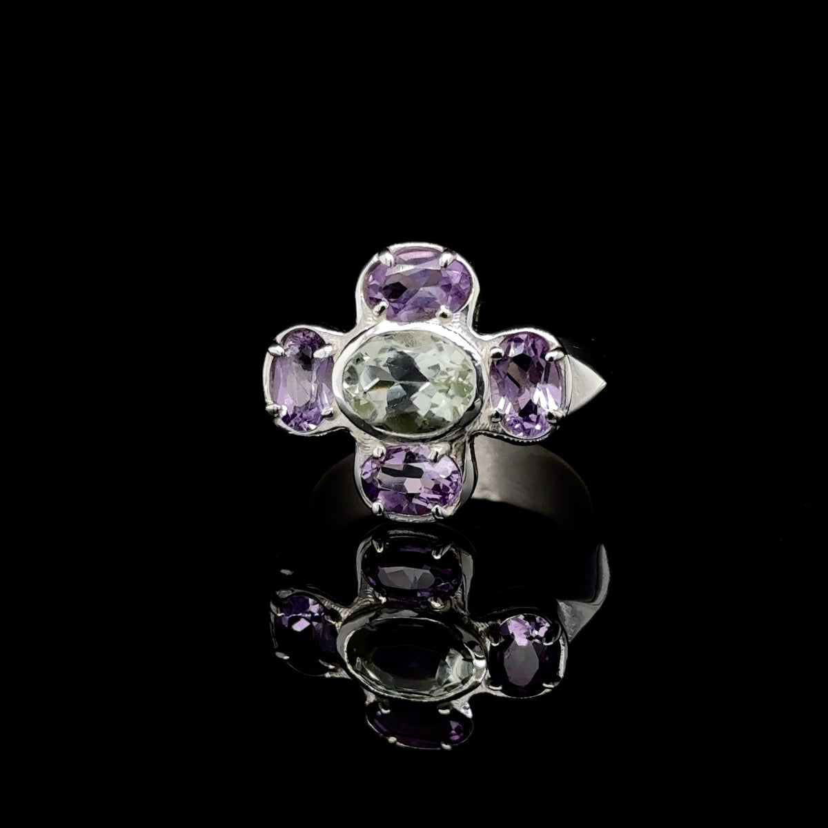 Cruciform Ring in Green and Lilac Amethyst