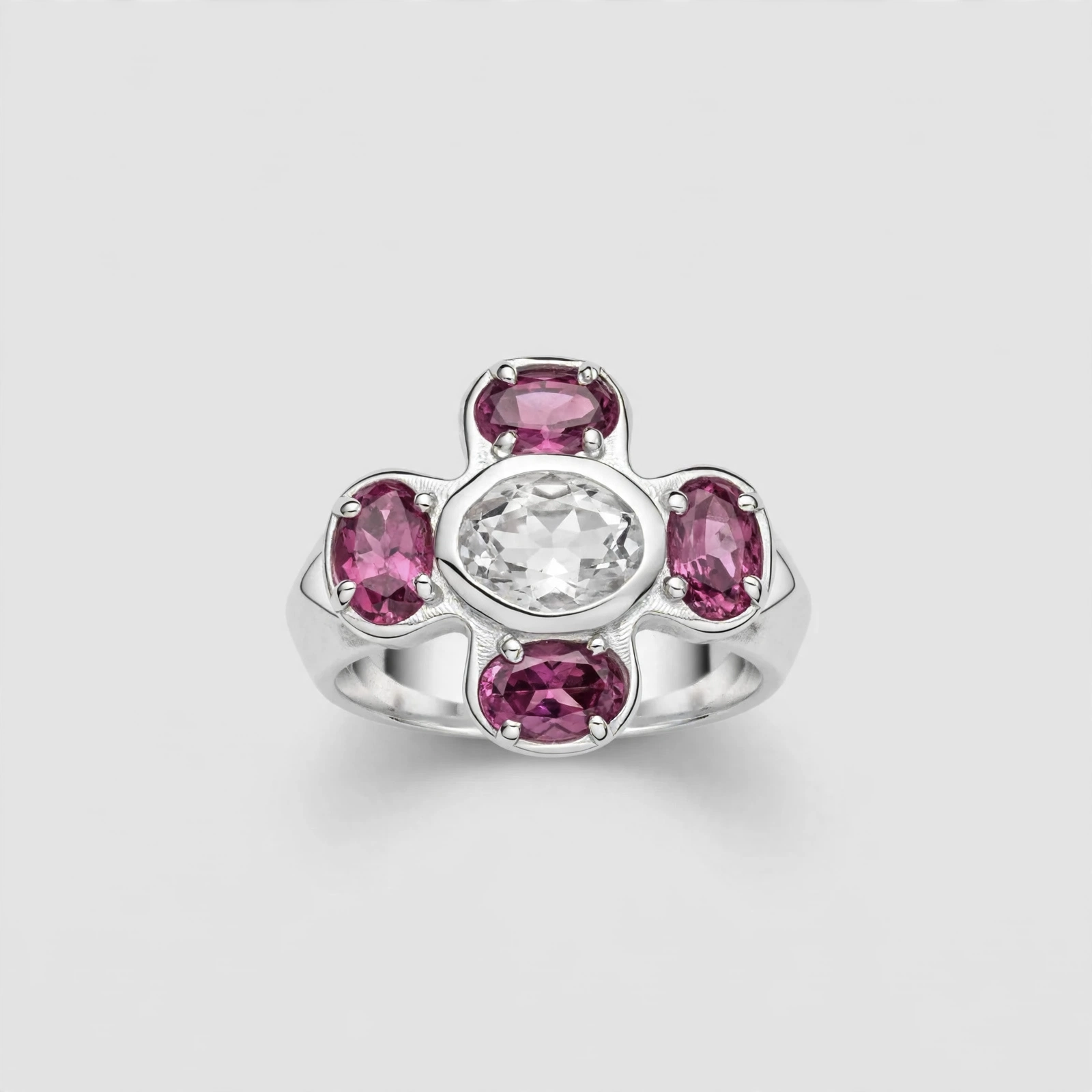 Cruciform Ring in Pink Garnet and White Sapphire Size P
