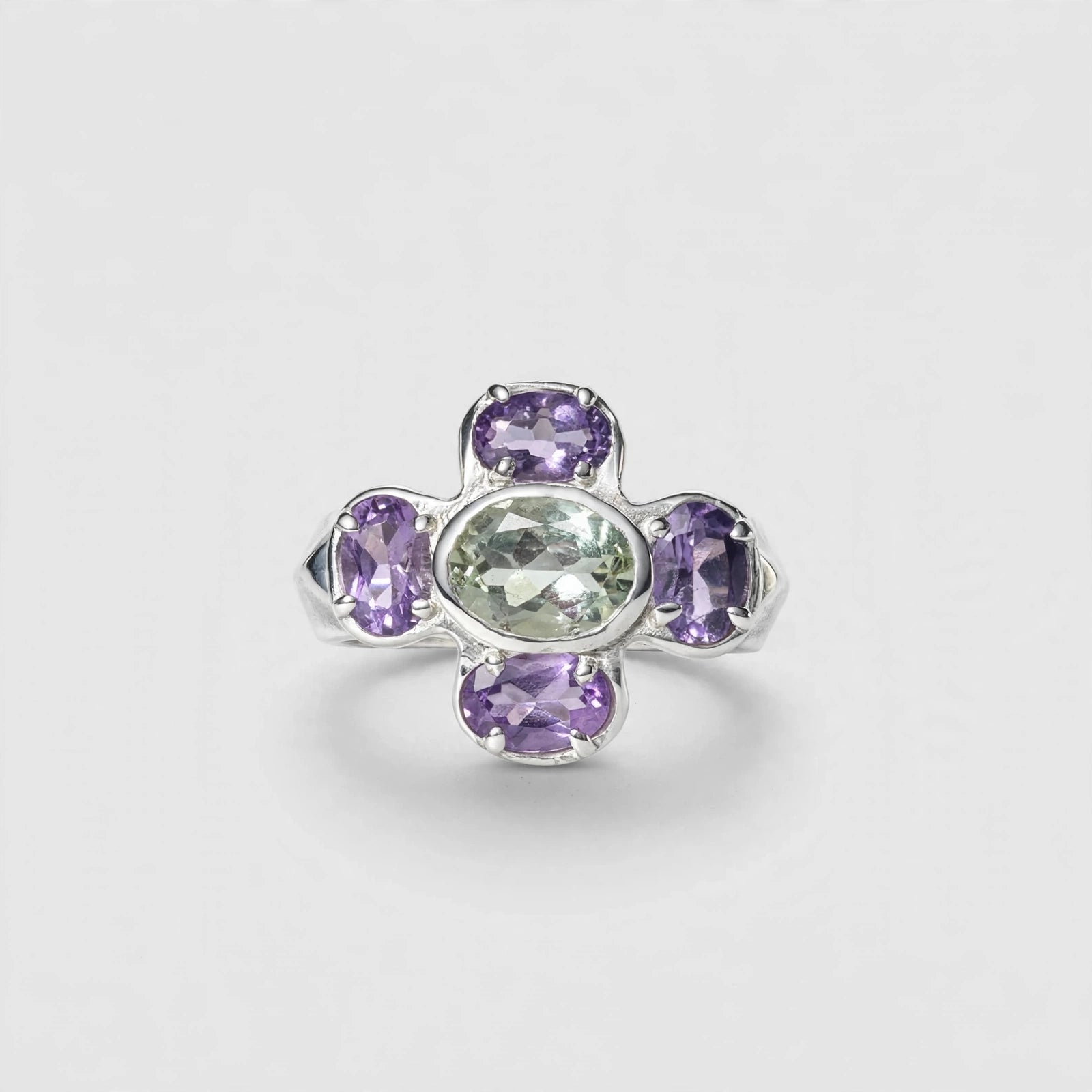 Cruciform Ring in Green and Lilac Amethyst Size P