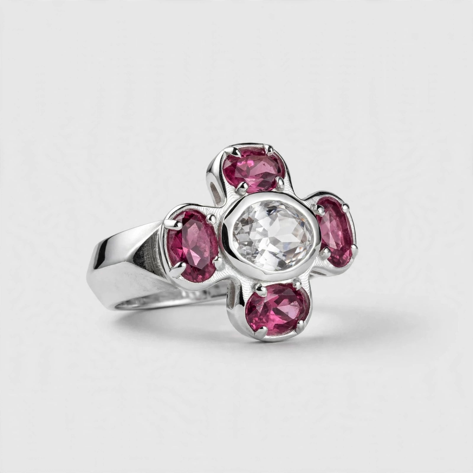 Cruciform Ring in Pink Garnet and White Sapphire Size P