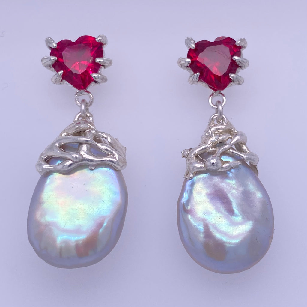 Ruby Heart Pearl Drop Earrings