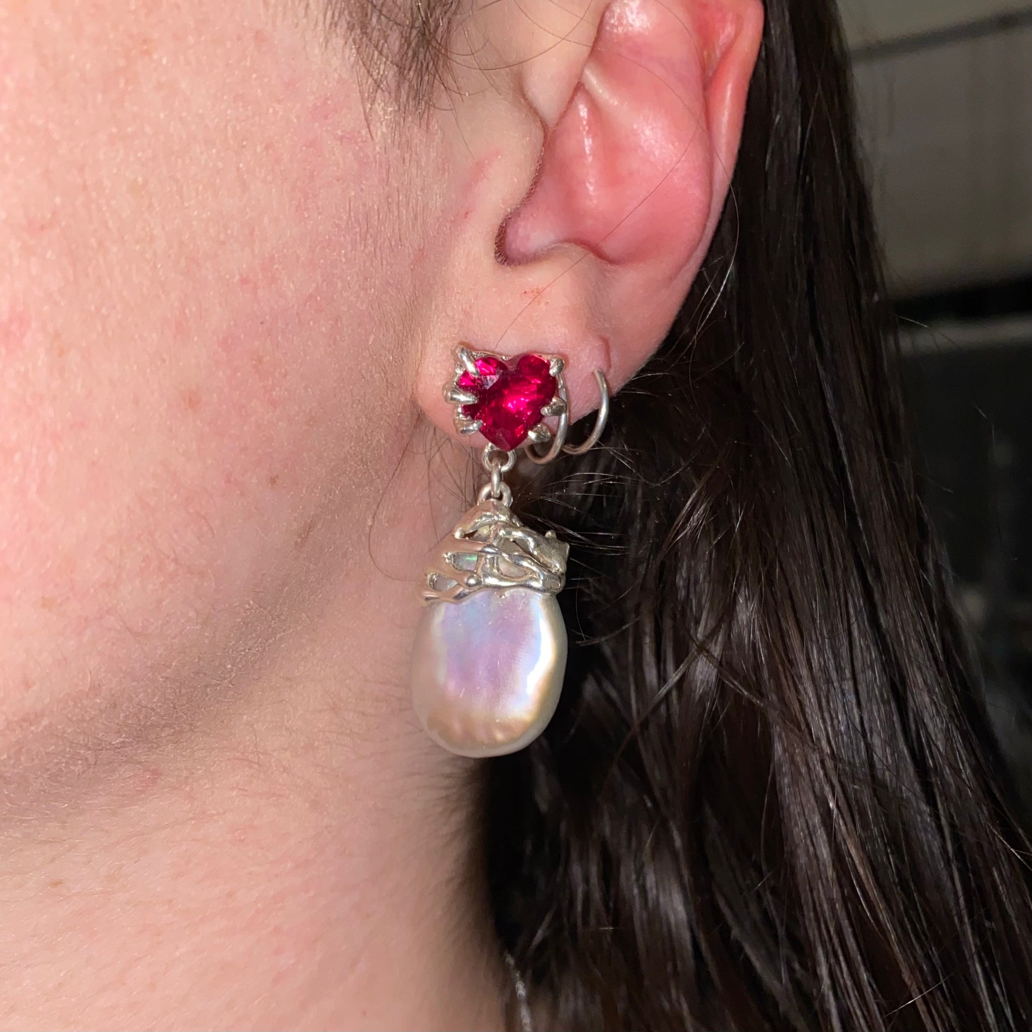 Ruby Heart Pearl Drop Earrings